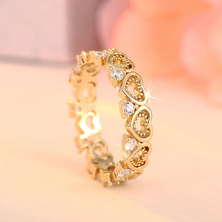 Hollow Heart Paved Diamond Eternity Band Ring, Gold & Silver Dainty Stackable Closed Ring for Women