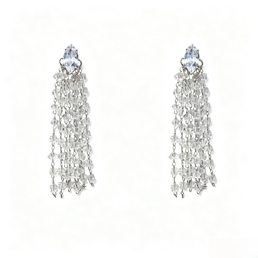 Marquise Diamond Multi-Layer Crystal Tassel Long Drop Earrings, Solid S925 Silver Gold & Silver Two-Tone Heavy Banquet Jewelry
