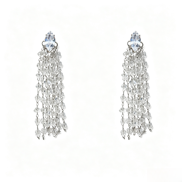 Marquise Diamond Multi-Layer Crystal Tassel Long Drop Earrings, Solid S925 Silver Gold & Silver Two-Tone Heavy Banquet Jewelry