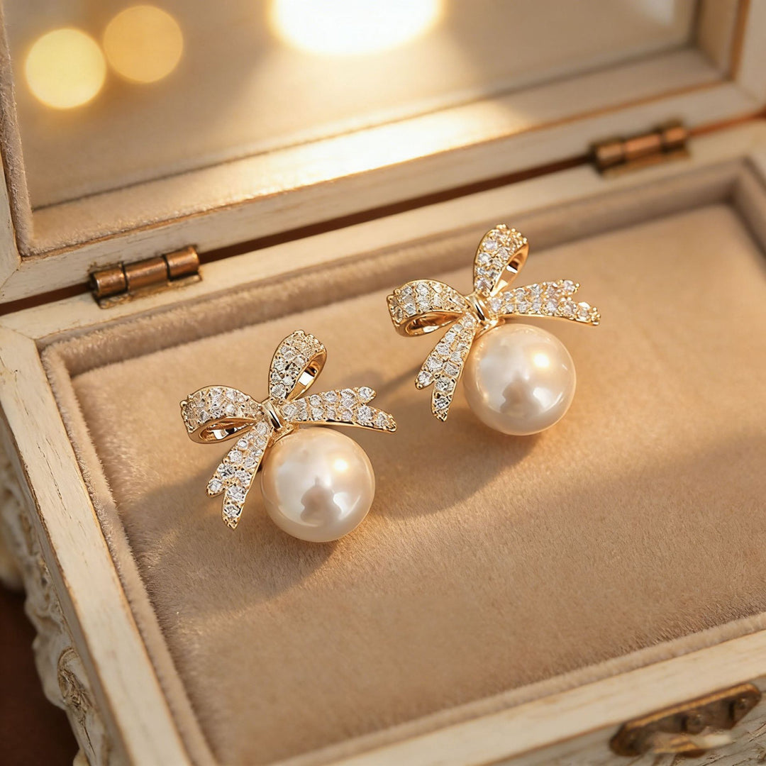 Pavé Diamond Bow Pearl S925 Silver Stud Earrings, Elegant Pearl Drop Jewelry