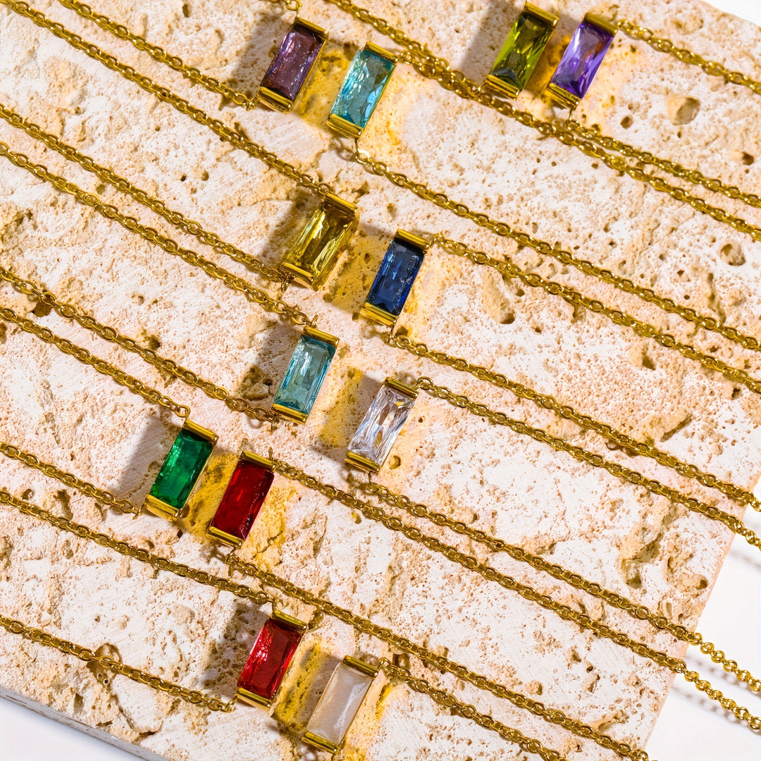 Mini Baguette-Cut Gemstone Pendant Necklace (Multi-Color Dainty Delicate Choker)