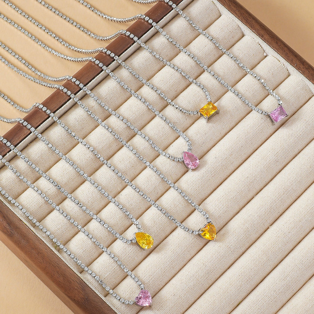 Multi-Cut Colored Diamond Tennis Necklace, Luxury Full Pave Clavicle Chain (6 Styles)