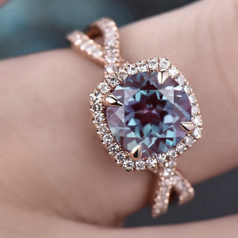 Color Changing Alexandrite Cushion Halo Ring, Twist Shank Paved Engagement Ring Two Tones Available