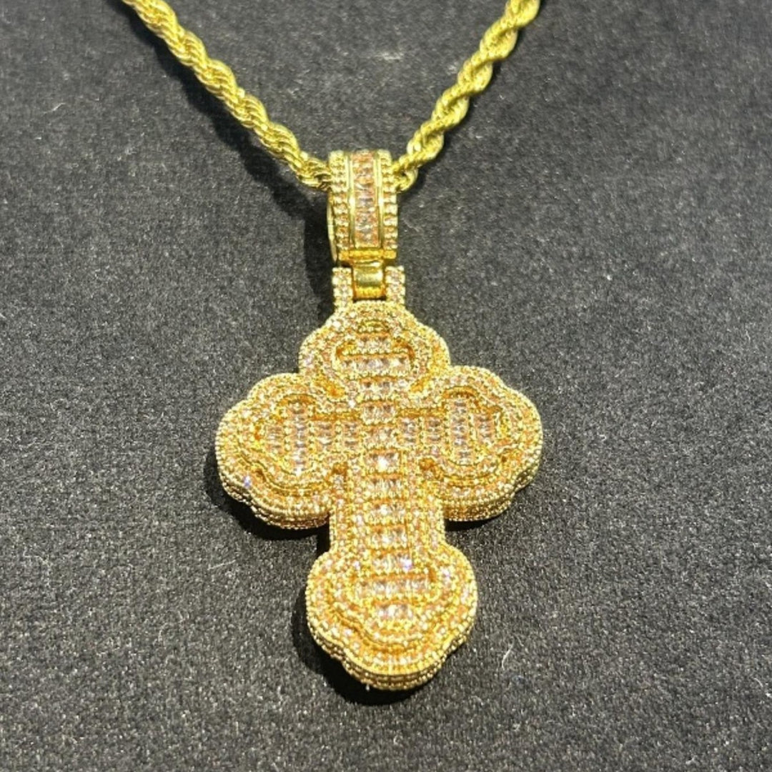 Vintage Floral Border Full Diamond Cross Pendant Necklace, S925 Silver Hip Hop Iced Out Twist Chain Jewelry