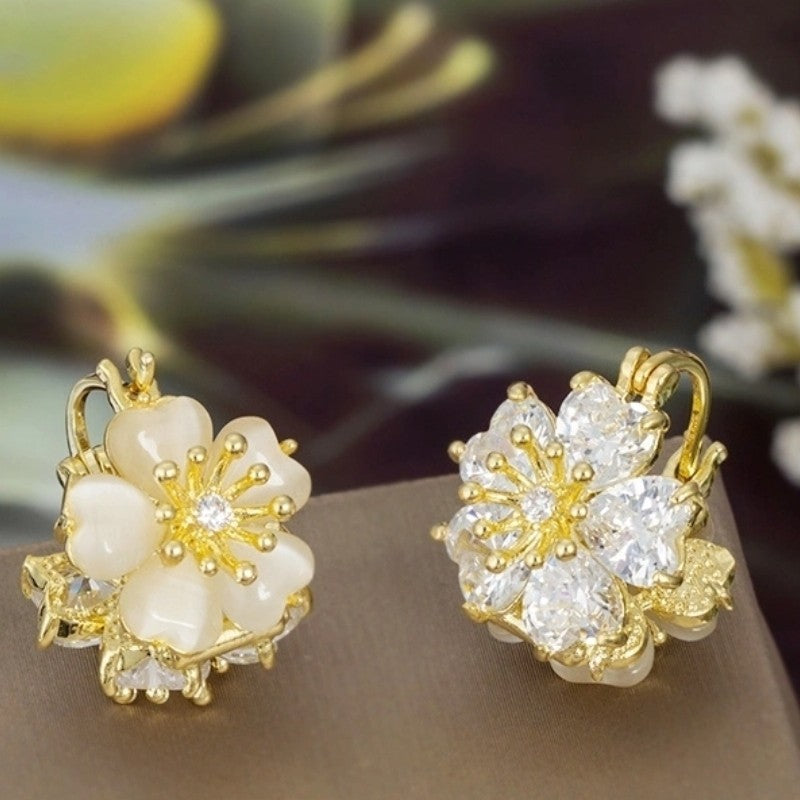 Diamond Flower S925 Silver Hoop Earrings, Luxury 3D Diamond Petal Earrings