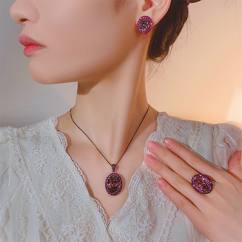 Vintage Gunmetal Plated Gemstone Necklace & Earring Set (Purple/Blue Options)