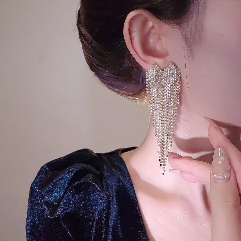 Full Pave Crystal Heart Chain Tassel Long Drop Earrings, Solid S925 Silver Gold & Silver Two-Tone Luxury Banquet Sparkling Jewelry