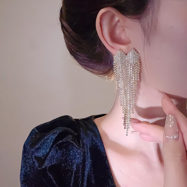 Full Pave Crystal Heart Chain Tassel Long Drop Earrings, Solid S925 Silver Gold & Silver Two-Tone Luxury Banquet Sparkling Jewelry