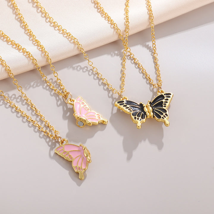Color Enamel Butterfly Clavicle Necklace, Multi-Color Gold Border Minimal Pendant Necklace for Women