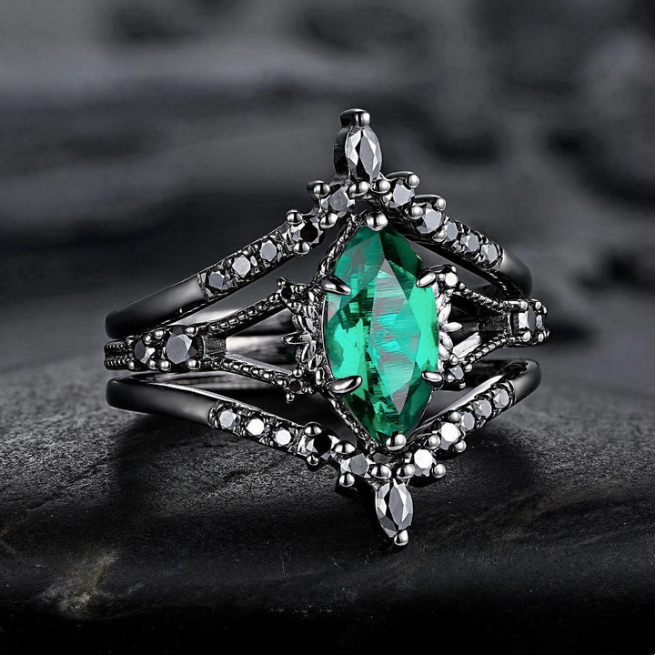 Gothic Marquise Green Gemstone Stackable Ring Set (Black Tone Statement Band)