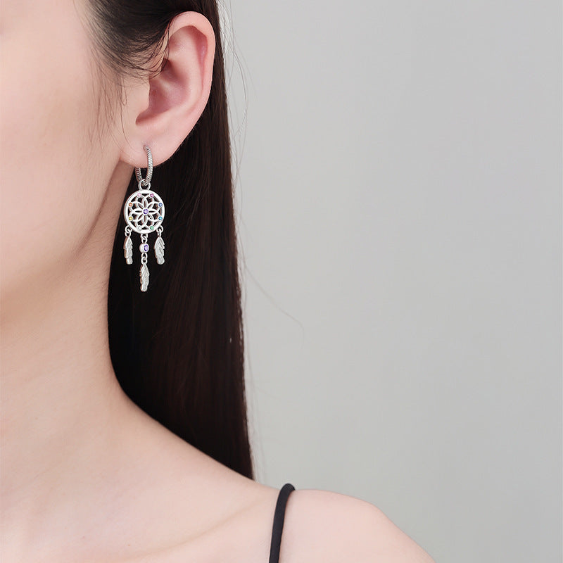 S925 Silver Dreamcatcher Feather Hoop Earrings