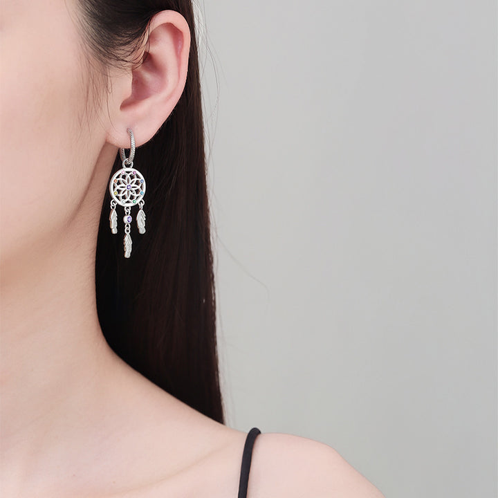 S925 Silver Dreamcatcher Feather Hoop Earrings