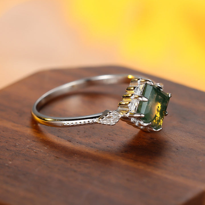 Square Moss Agate Vintage Milgrain Thin Ring, Forest Style Two-Tone Luxury Closed Dainty Daily Ring for Women