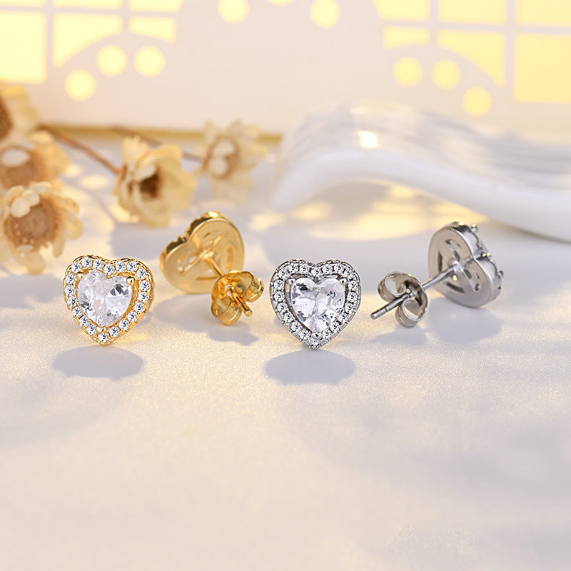 S925 Silver Heart Halo Diamond Stud Earrings, Luxury Heart Shape Paved Earrings in Gold & Silver Two Tones