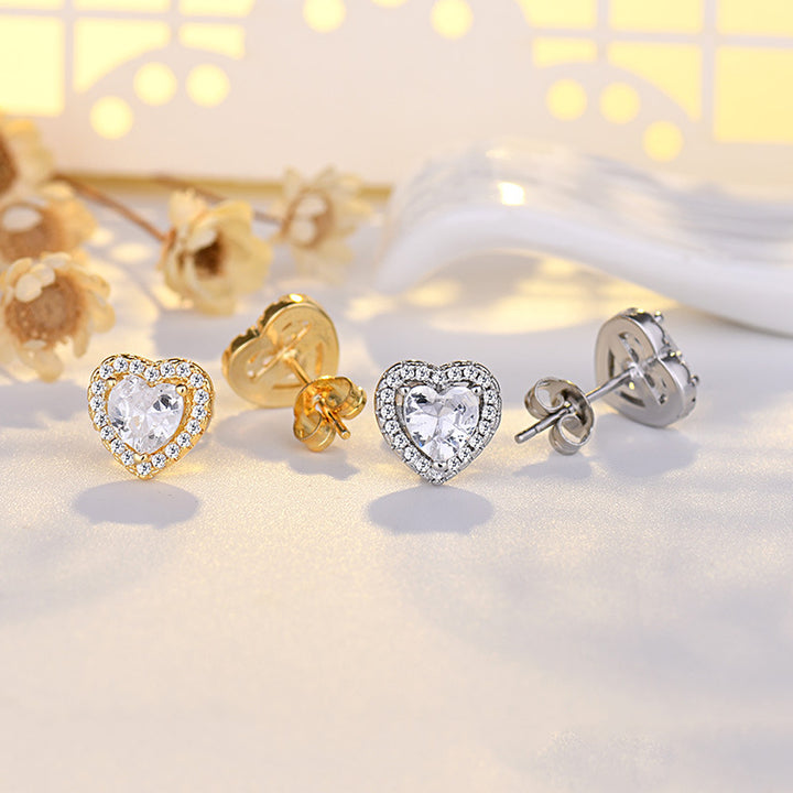 S925 Silver Heart Halo Diamond Stud Earrings, Luxury Heart Shape Paved Earrings in Gold & Silver Two Tones
