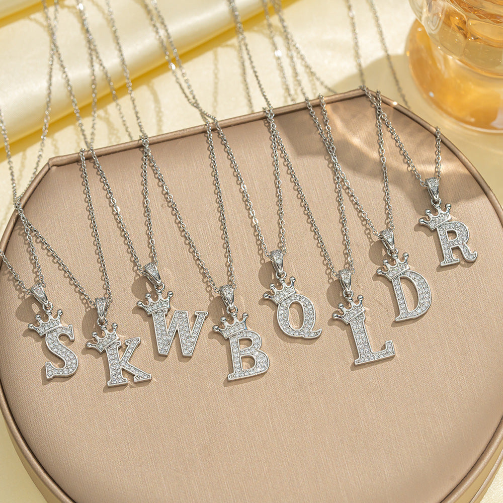 Crown Paved Diamond Initial Letter Necklace, 14K Gold Plated Personalized Dainty Chain, A-Z Available
