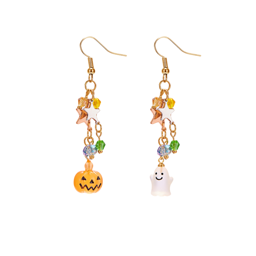 Halloween Asymmetric Pumpkin & Ghost Long Hook Earrings, Colorful Beaded Star Fun S925 Silver Earrings