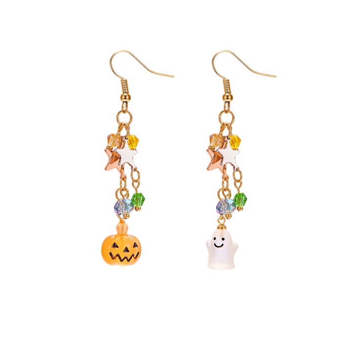 Halloween Asymmetric Pumpkin & Ghost Long Hook Earrings, Colorful Beaded Star Fun S925 Silver Earrings