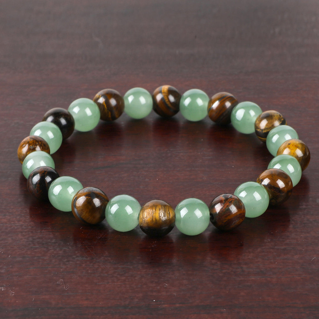 Tiger Eye & Green Aventurine Mixed Round Bead Stretch Bracelet, Unisex Natural Stone Wristband