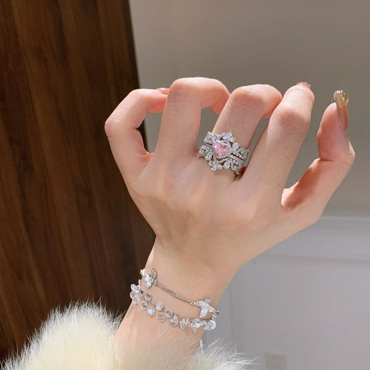 Pink Heart Diamond Floral Cluster Statement Ring (Luxury Girlish Band)