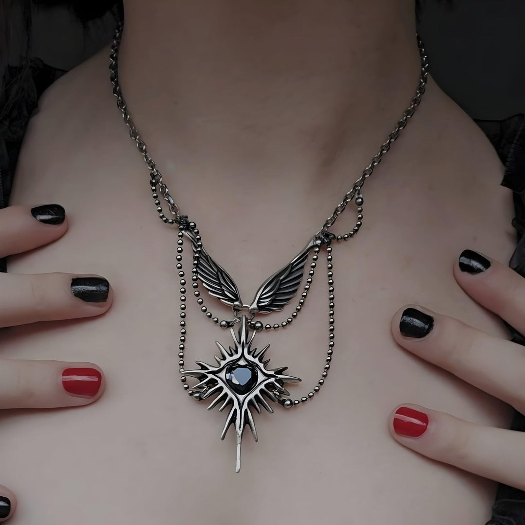 Vintage Wing Black Heart Star Necklace, Heavy Multi-Chain Wing Pendant, Antique Gold & Antique Silver Options