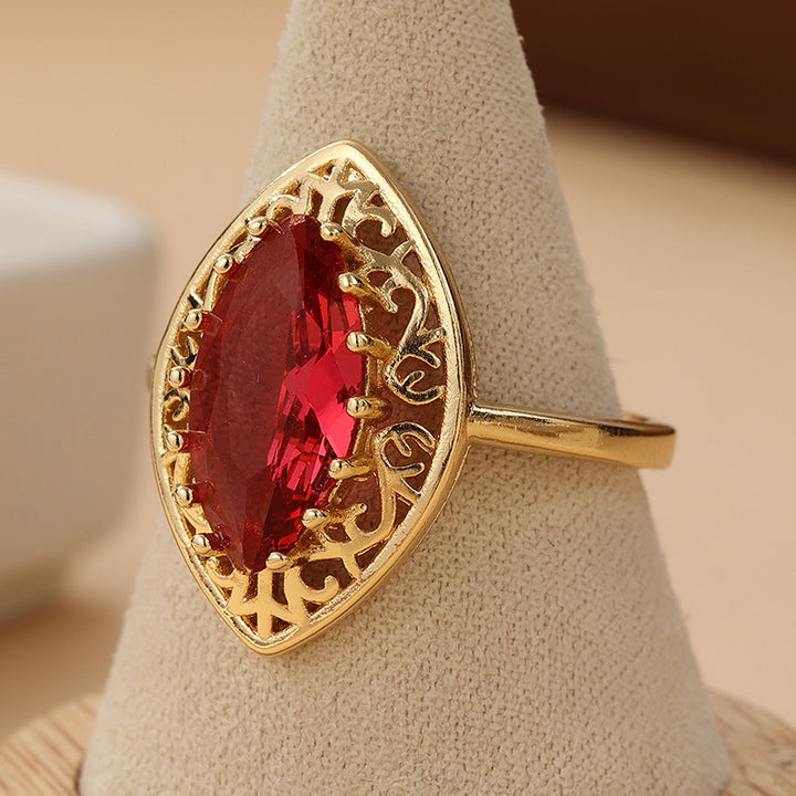 S925 Silver Gold‑Tone Marquise Red Stone Openwork Ring, Vintage Royal‑Style Women Band