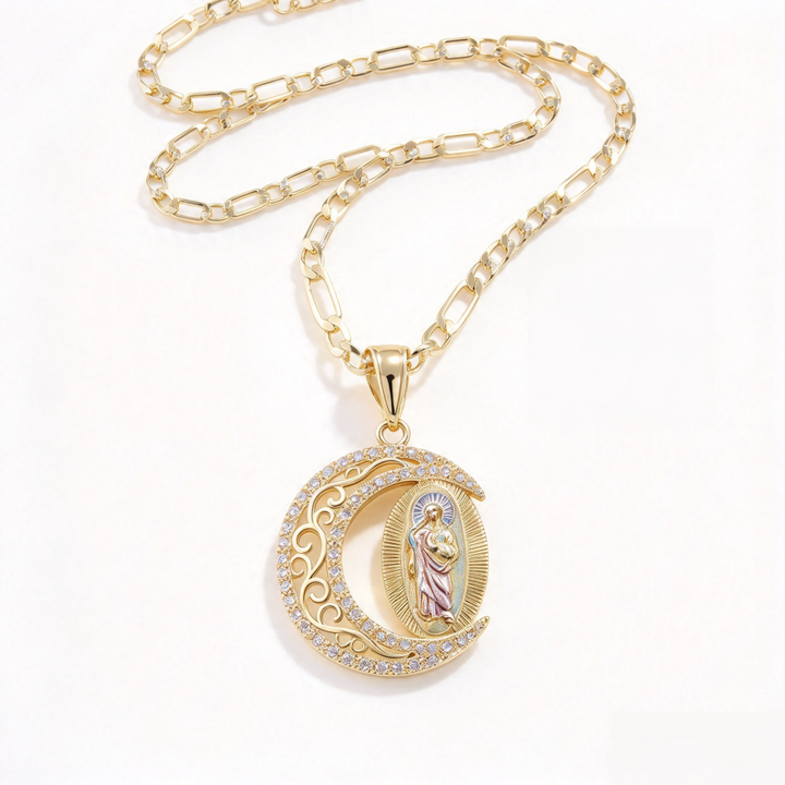 Gold Figaro Chain Necklace With Crescent‑Shaped Saint Enamel Pendant, Multi‑Color Option