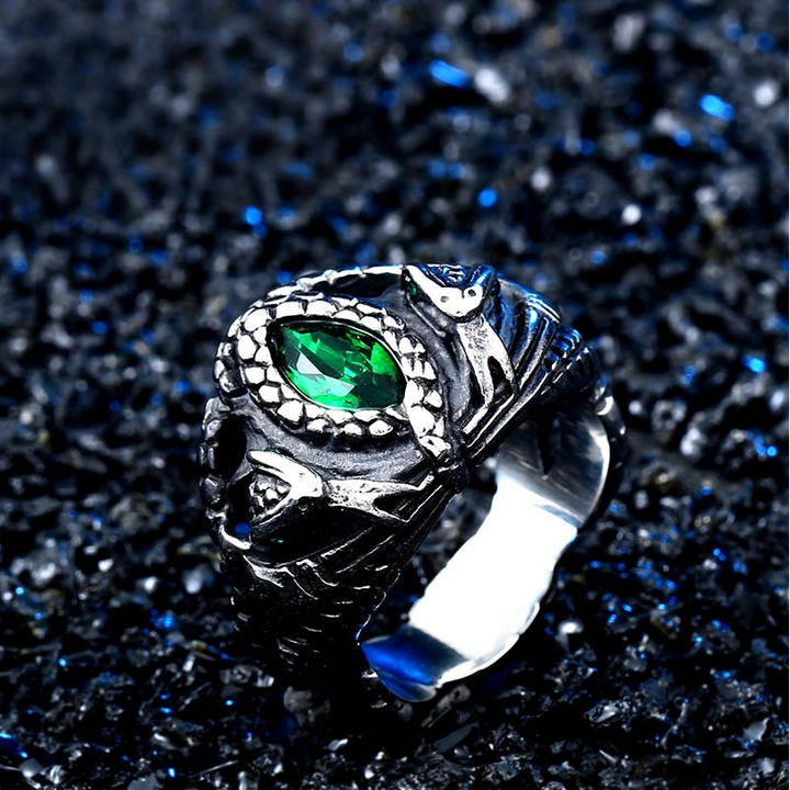 Vintage Antique Double Snake Wrap Green Diamond Ring, Dark Punk Sculpted Men’s Statement Band