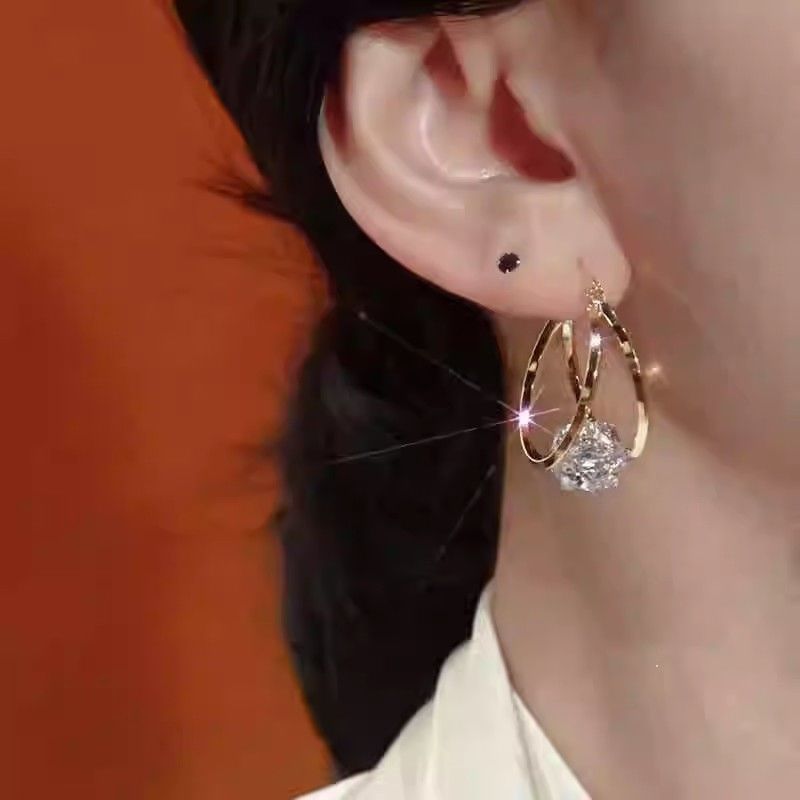 S925 Silver Double Hoop Diamond Ear Buckles, Luxury 3D Dual Ring Large Diamond Gold Earrings
