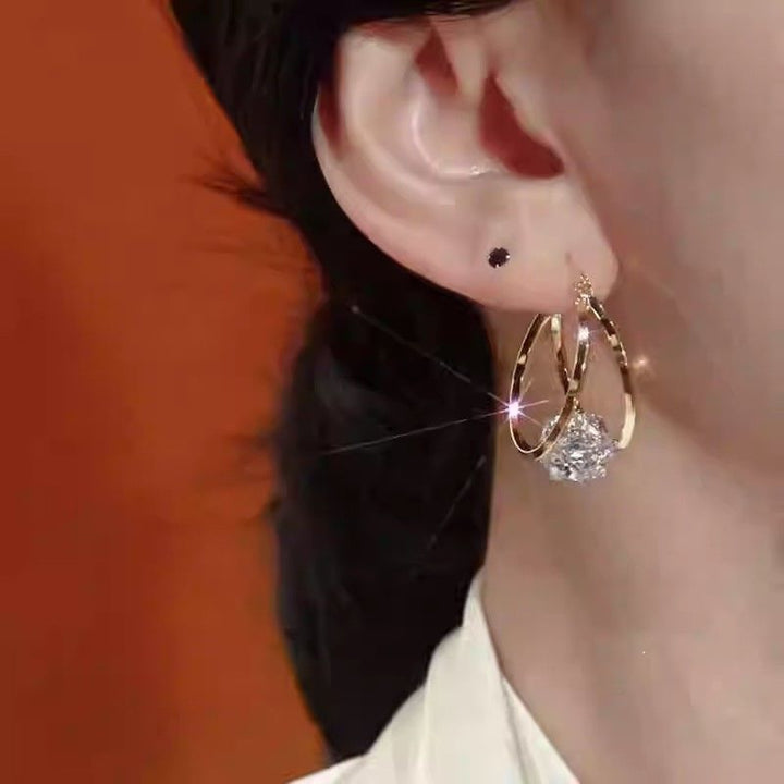 S925 Silver Double Hoop Diamond Ear Buckles, Luxury 3D Dual Ring Large Diamond Gold Earrings
