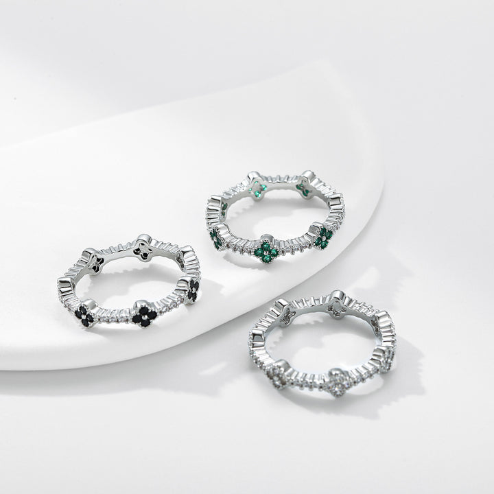 Four-Leaf Clover Pavé Gear Edge Ring Set (Luxury Vintage Lucky Band)