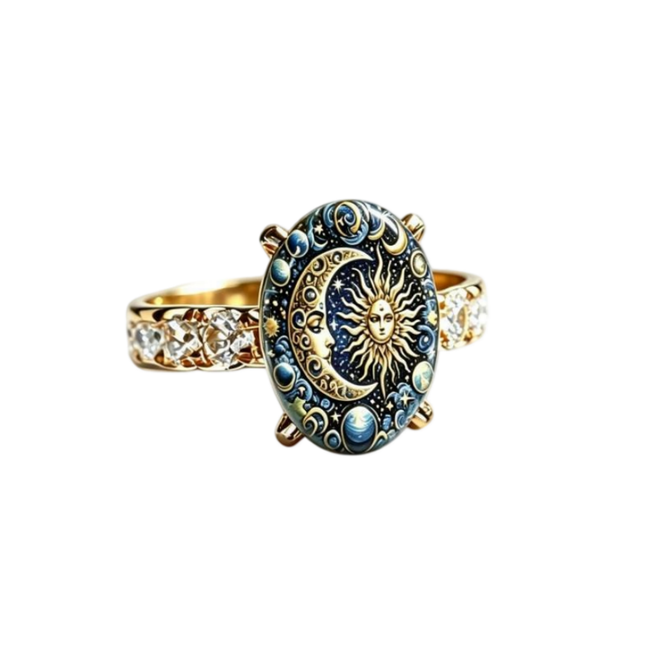 Vintage Sun‑Moon Star Enamel Oval Ring