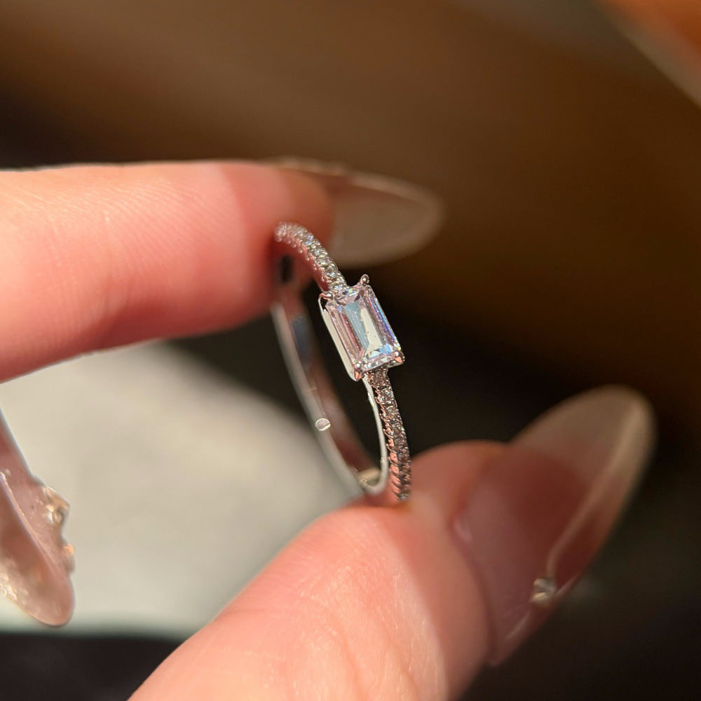 Rectangular Diamond Four-Prong Side Stone S925 Silver Ring