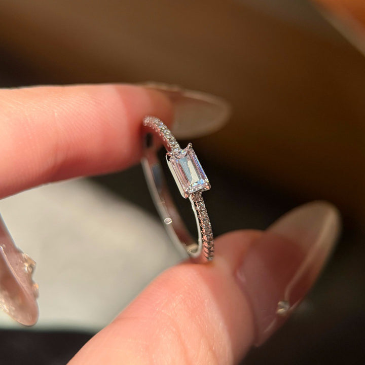 Rectangular Diamond Four-Prong Side Stone S925 Silver Ring