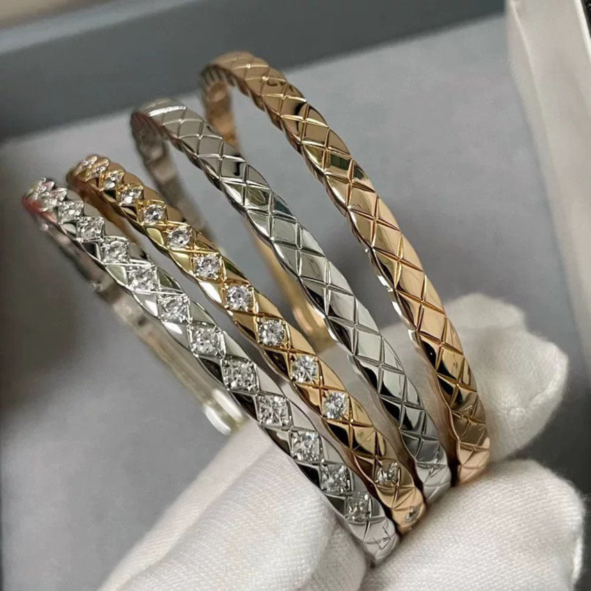 Diamond Lattice Snap Thin Bangle, Gold & Silver No/Half/Full Diamond Light Luxury Slim Bracelet