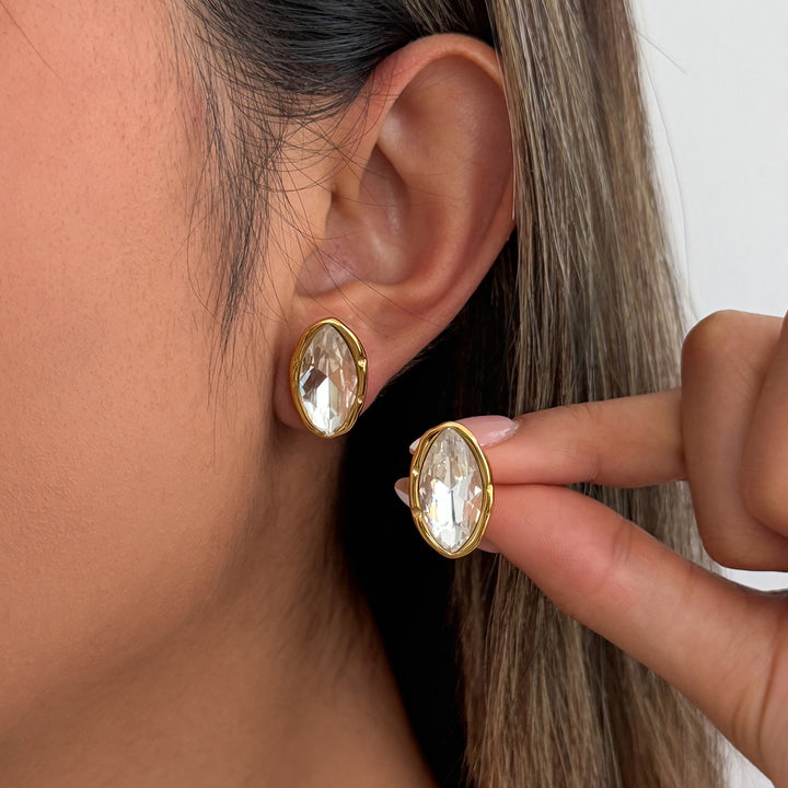 Irregular Wavy Marquise Diamond Stud Earrings, Vintage Gold-Plated Commuter Oval Diamond Earrings