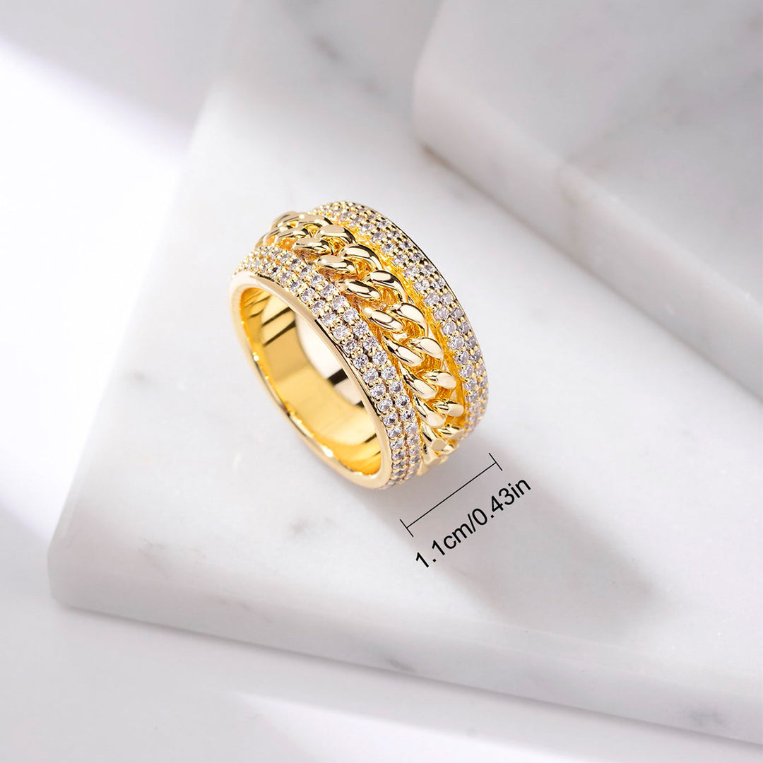 Curb Chain Center Pave Diamond Wide Band Ring, Gold & Silver And Rose Gold Tone Heavy Luxury Chain Crystal Ring