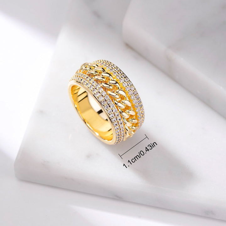 Curb Chain Center Pave Diamond Wide Band Ring, Gold & Silver And Rose Gold Tone Heavy Luxury Chain Crystal Ring