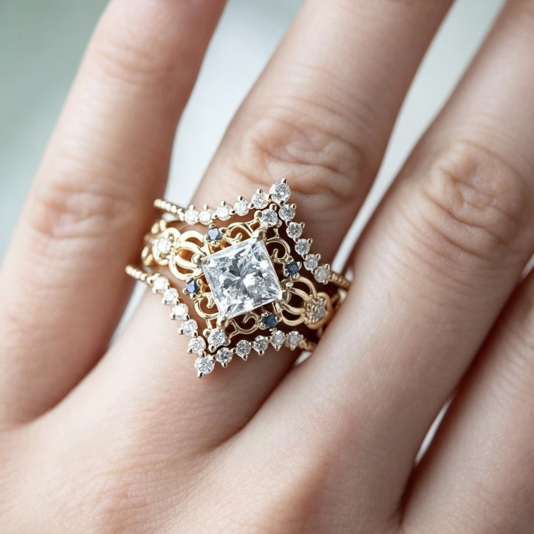 Vintage Filigree Princess Cut Sapphire 3-Piece Ring Set, Solid S925 Silver Gold Tone Bridal Stackable Jewelry Set