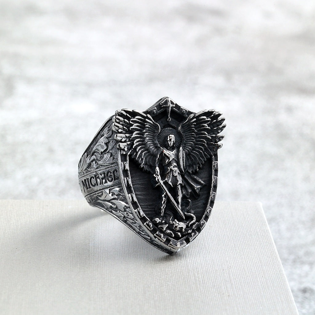 S925 Silver Archangel Shield Relief Men Ring, Vintage Heavy‑Craft Guardian Wide Band Ring