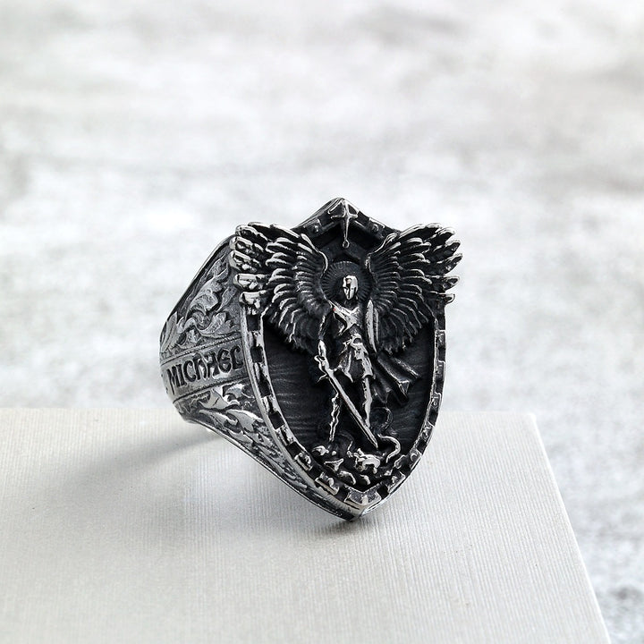 S925 Silver Archangel Shield Relief Men Ring, Vintage Heavy‑Craft Guardian Wide Band Ring