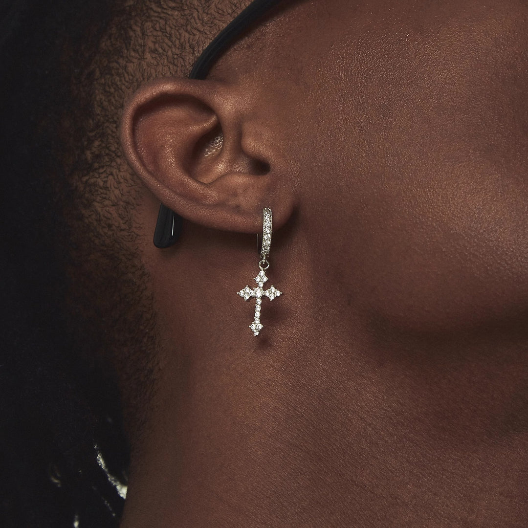 Full Paved Diamond Cross Hoop Earrings, Gold & Silver Luxury Rhinestone Cross Drop Hoops