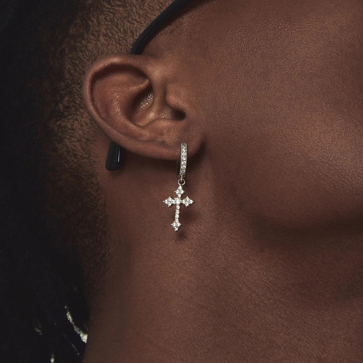 Full Paved Diamond Cross Hoop Earrings, Gold & Silver Luxury Rhinestone Cross Drop Hoops