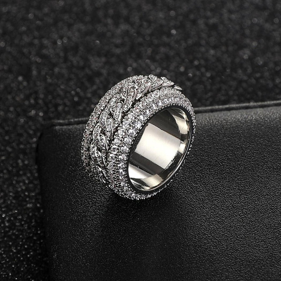 Rotatable Wide Band Ring with Twisted Chain Center & Side Paved Diamonds, Heavy Hip Hop Titanium Steel Spinner Ring Gold Silver Unisex Jewelry