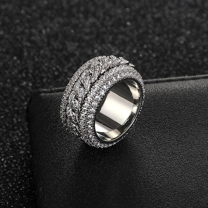 Rotatable Wide Band Ring with Twisted Chain Center & Side Paved Diamonds, Heavy Hip Hop Titanium Steel Spinner Ring Gold Silver Unisex Jewelry