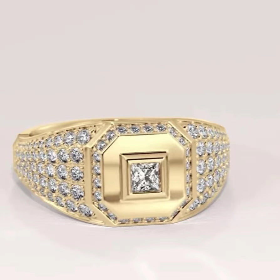 Square‑Cut Center Stone Pavé Wide‑Band S925 Sterling Silver Gold‑Tone Men's Ring