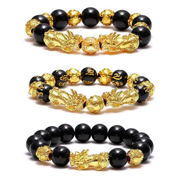 Gold‑Plated Pi Xiu Obsidian Bracelet, Six‑Word Mantra Black Round Bead Multi‑Style Men Single Strand Bracelet