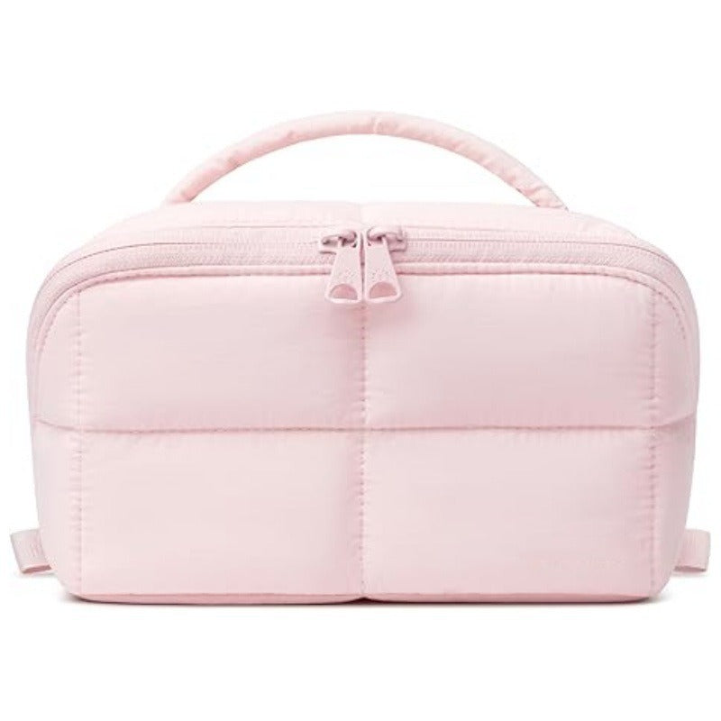 Solid Color Quilted Divided Handheld Makeup Bag, Large Capacity Multi-Compartment Portable Toiletry Storage Case