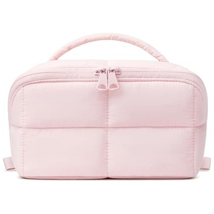 Solid Color Quilted Divided Handheld Makeup Bag, Large Capacity Multi-Compartment Portable Toiletry Storage Case