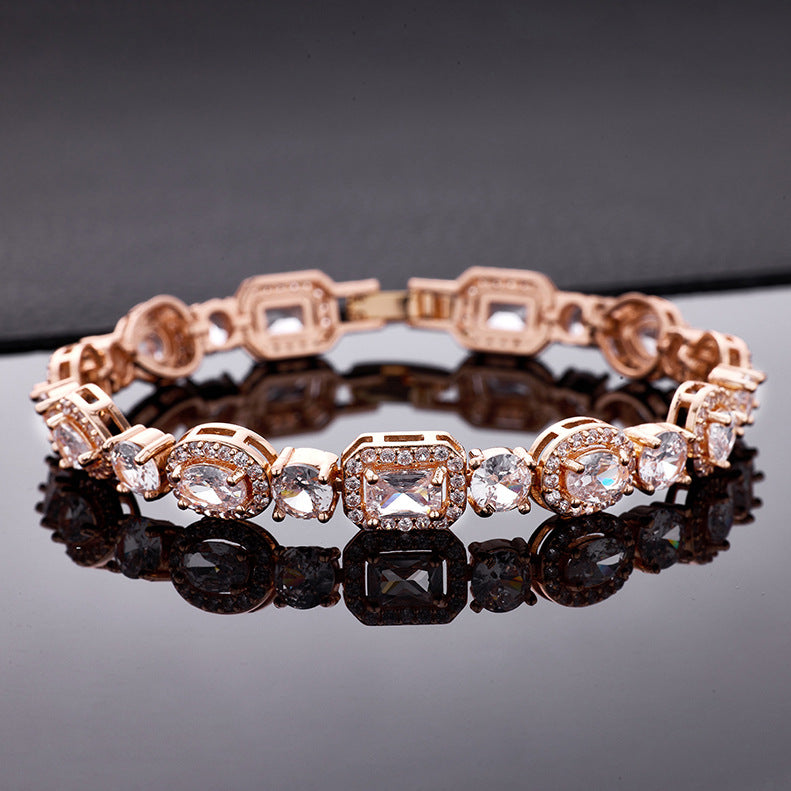 Square & Oval Halo Diamond Tennis Bracelet, Luxury European Full Diamond Gold-Plated Elegant Bracelet for Women